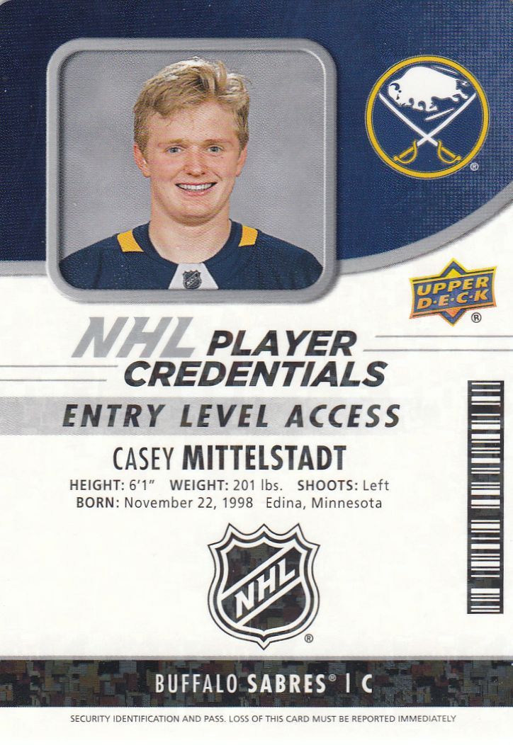insert RC karta CASEY MITTELSTADT 18-19 MVP NHL Player Credentials číslo NHL-MI