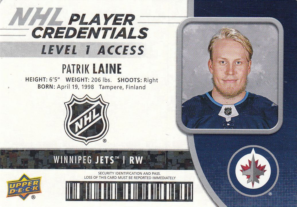 insert karta PATRIK LAINE 18-19 MVP NHL Player Credentials Level 1 Access