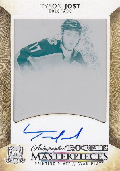 AUTO RC karta TYSON JOST 17-18 UD The Cup Rookie Masterpieces Cyan 1/1