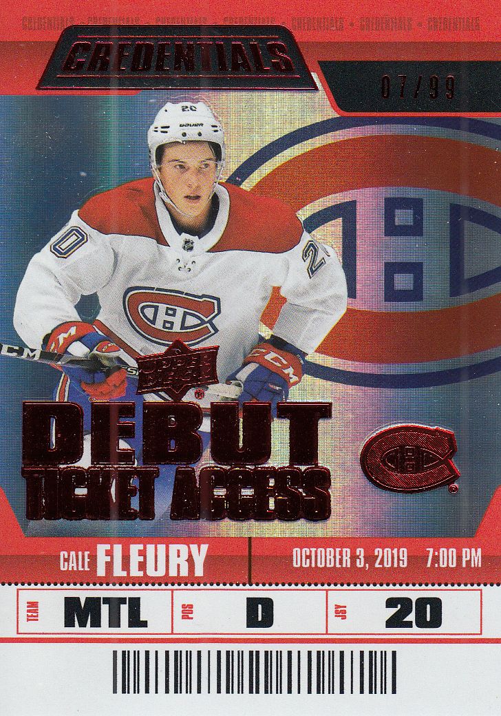 insert RC karta CALE FLEURY 19-20 Credentials Debut Ticket Access Red /99