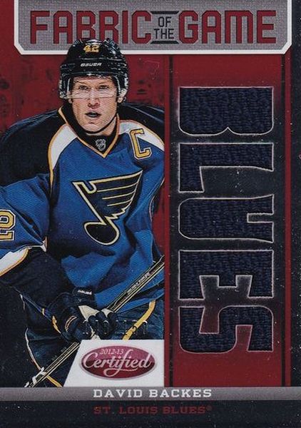 jersey karta DAVID BACKES 12-13 Certified Fabric of the Game /150