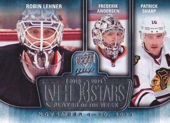 insert karta LEHNER/ANDERSEN/SHARP 14-15 MVP NHL 3 Stars číslo 3SW-11.11.13