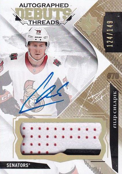 AUTO patch karta FILIP CHLAPÍK 17-18 UD Ultimate Autographed Debuts Threads /149