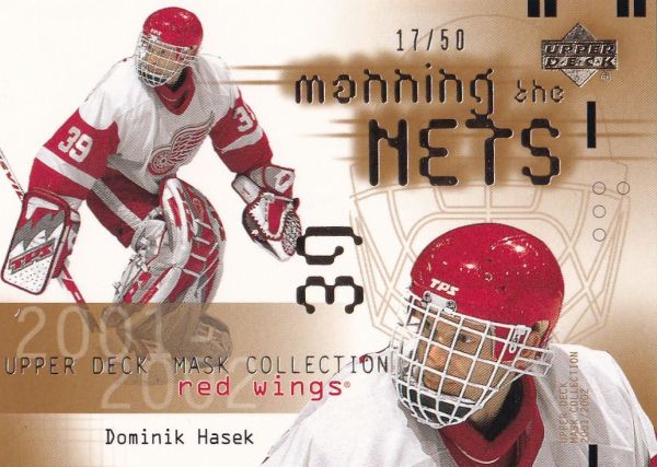 insert karta DOMINIK HAŠEK 01-02 UD Mask Collection Manning the Nets Gold /50