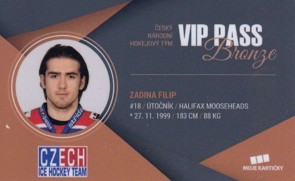 insert karta FILIP ZADINA 17-18 Czech Ice Hockey Team VIP Pass Bronze /100