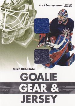 jersey pad karta MIKE DUNHAM 03-04 ITG Used Goalie Gear Jersey číslo GG-17